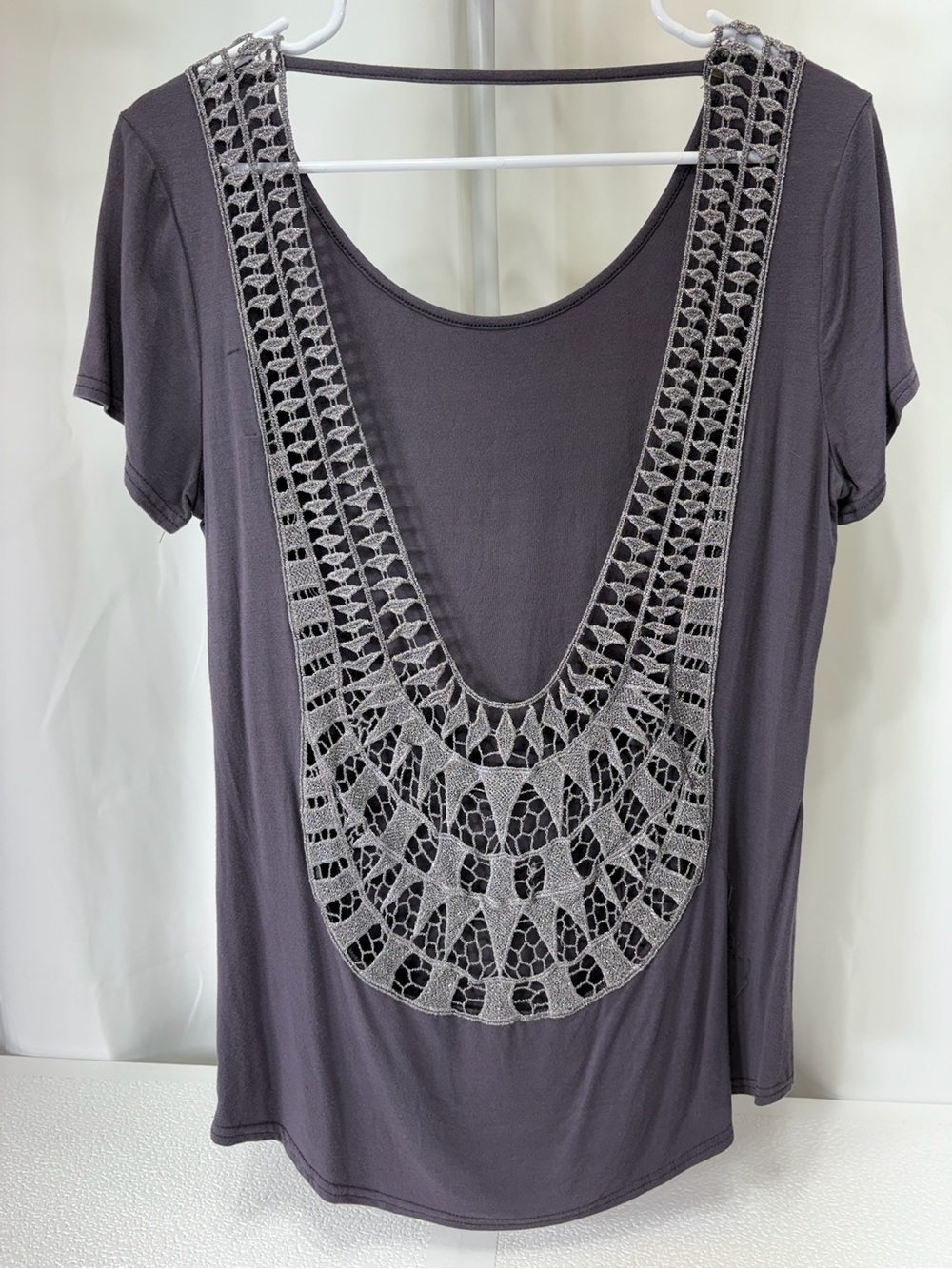 Short Sleeve Scoop-Back Tee with Crochet Inset - Charcoal 3442